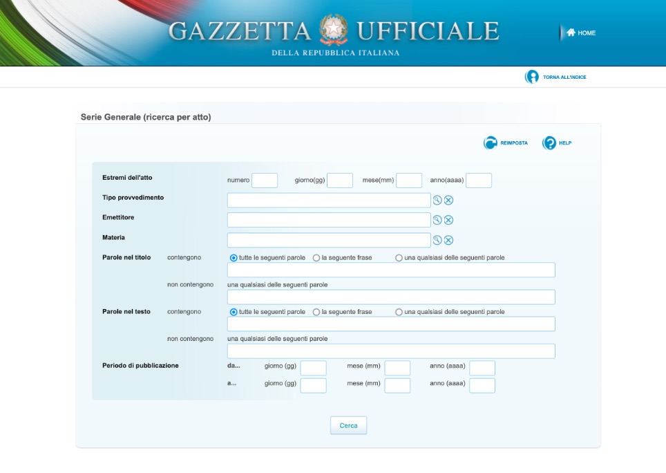 Form di ricerca sul sito della Gazzetta Ufficiale.